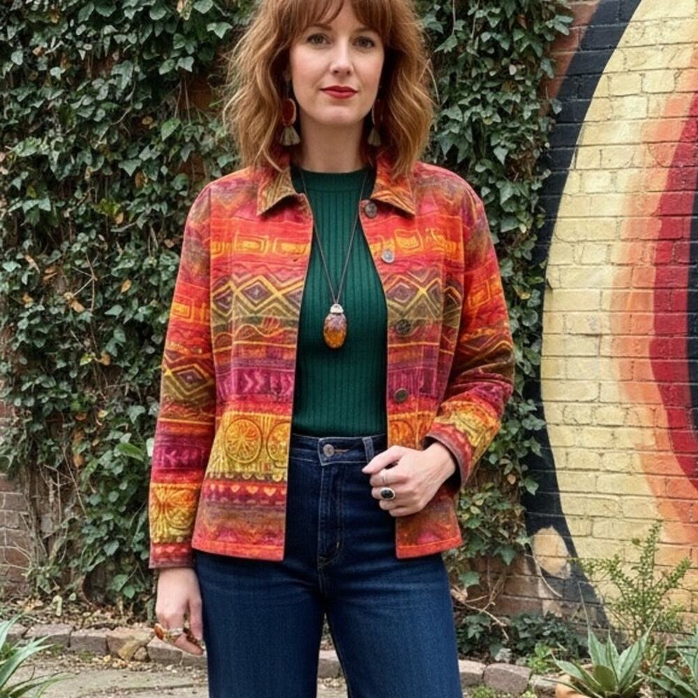 Chico's Red Yellow Pink Vintage Denim Jacket 1